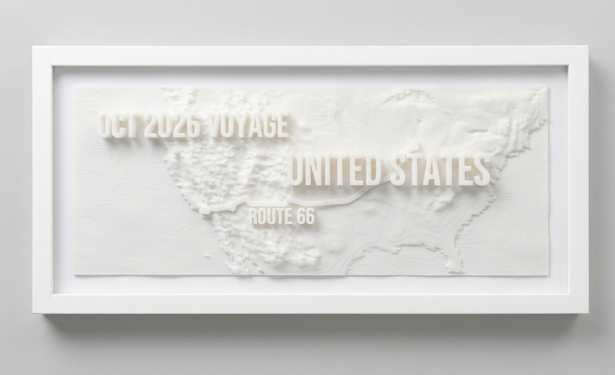 A white-framed Voyaprint of the United States with Route 66 caption hanging on a neutral wall.