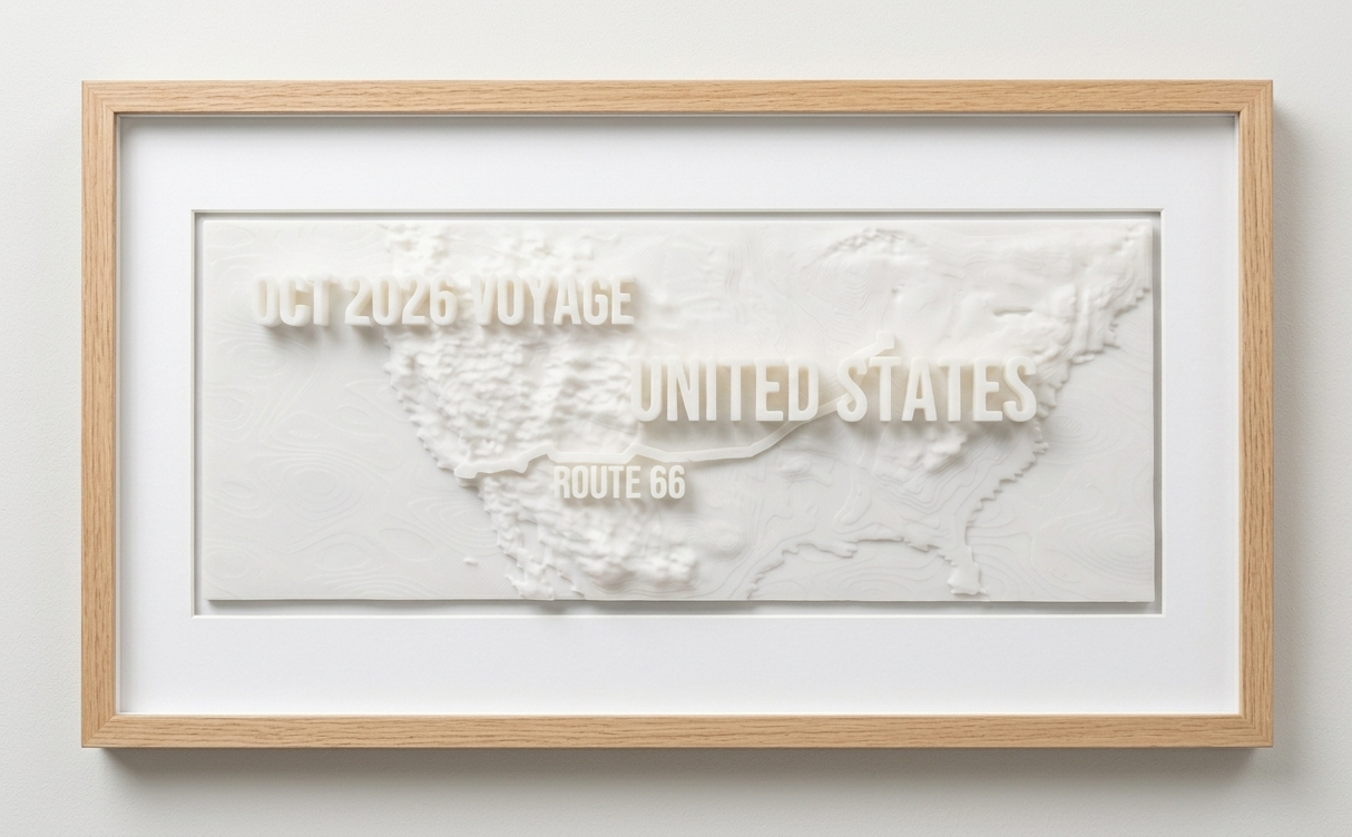 A wood-framed Voyaprint of the United States with Route 66 caption hanging on a neutral wall.
