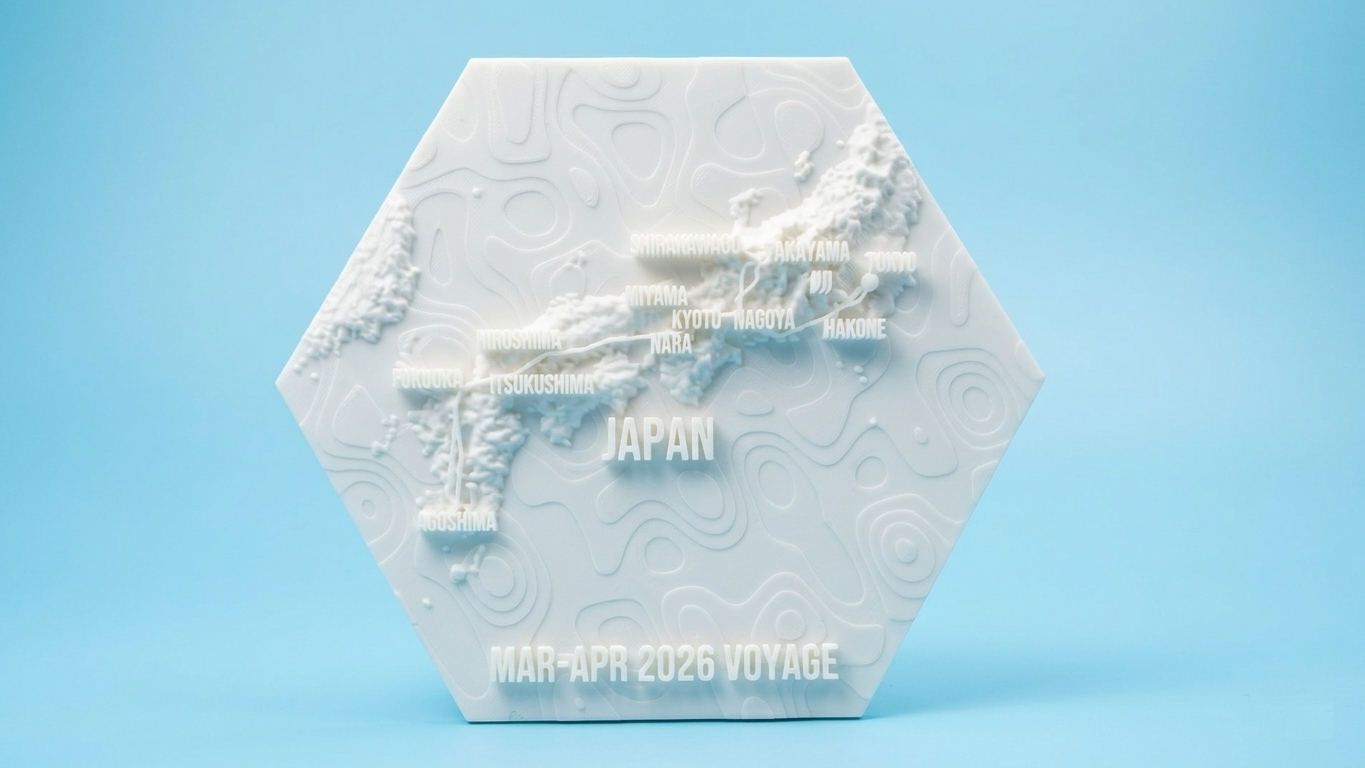 A hexagonal Voyaprint model showing Japan with embossed city labels and a date caption.