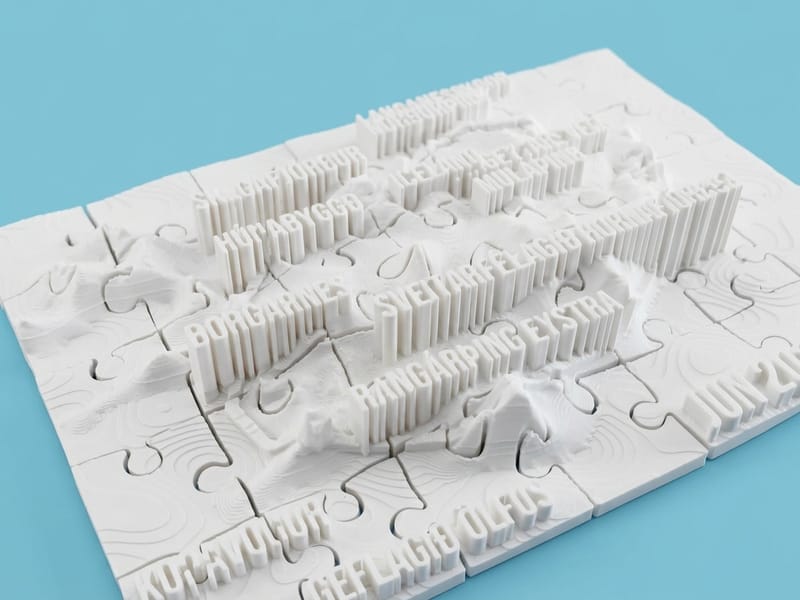 An assembled white 3D-printed jigsaw puzzle of Iceland's terrain with embossed place names rising from the pieces.