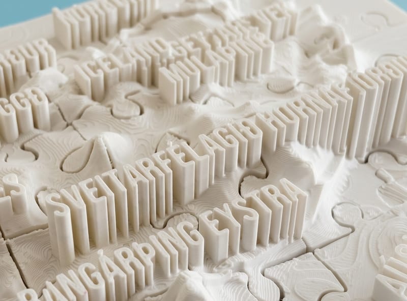 Close-up of interlocking jigsaw puzzle knobs and embossed lettering on a 3D-printed terrain puzzle.