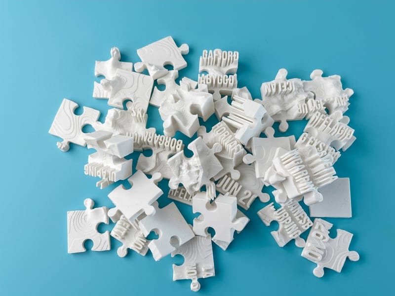 A scattered pile of white 3D-printed puzzle pieces, each carrying a slice of terrain or an embossed place name.