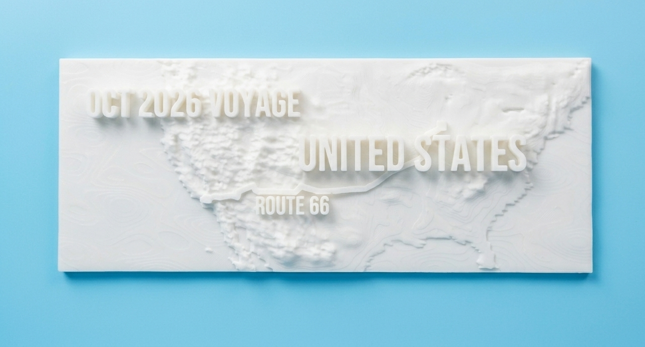 A long horizontal Voyaprint plaque showing the United States with a Route 66 caption etched into the base.